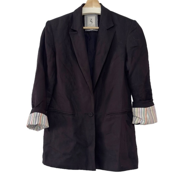 Anthropologie Zachary's Smile White Label Blazer Black Linen Button‎ Suit Jacket - Picture 1 of 8